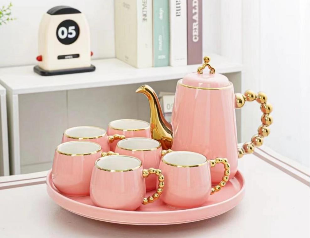 9-Pcs Ceramic Coffee Set | Rotating Tray | Pink Color