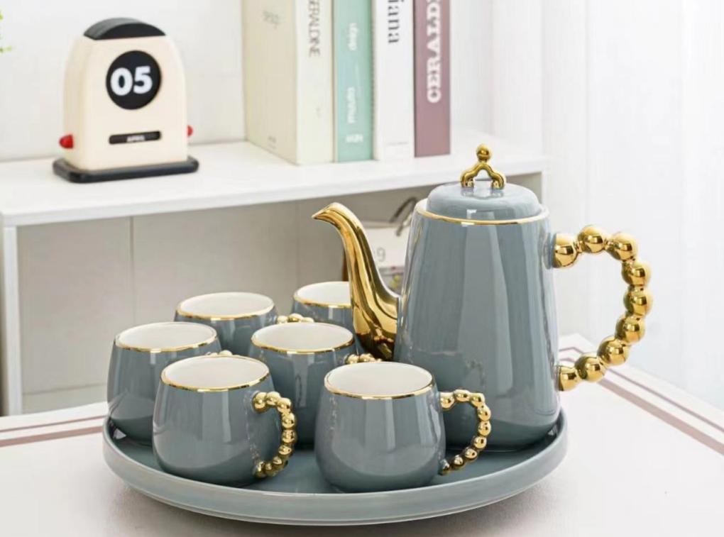 9-Pcs Ceramic Coffee Set | Rotating Tray | Grey Color