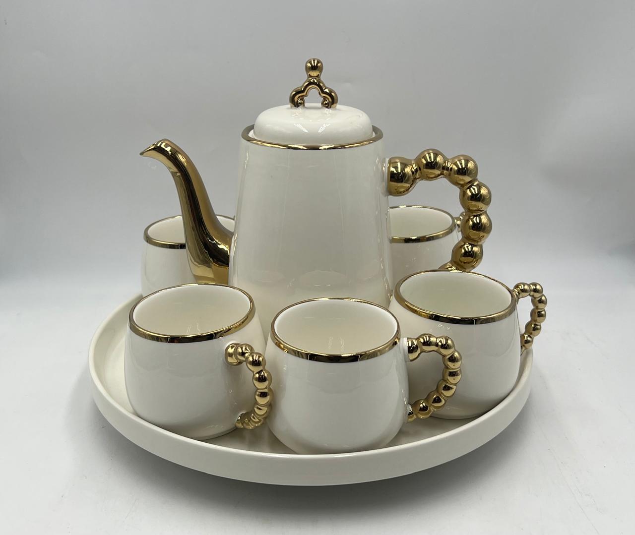 9-Pcs Ceramic Coffee Set | Rotating Tray | White Color
