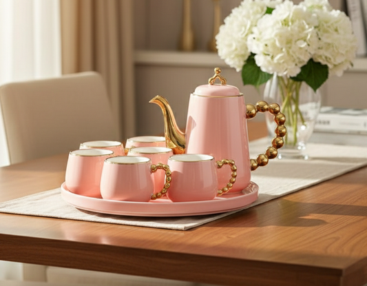 9-Pcs Ceramic Coffee Set | Rotating Tray | Pink Color